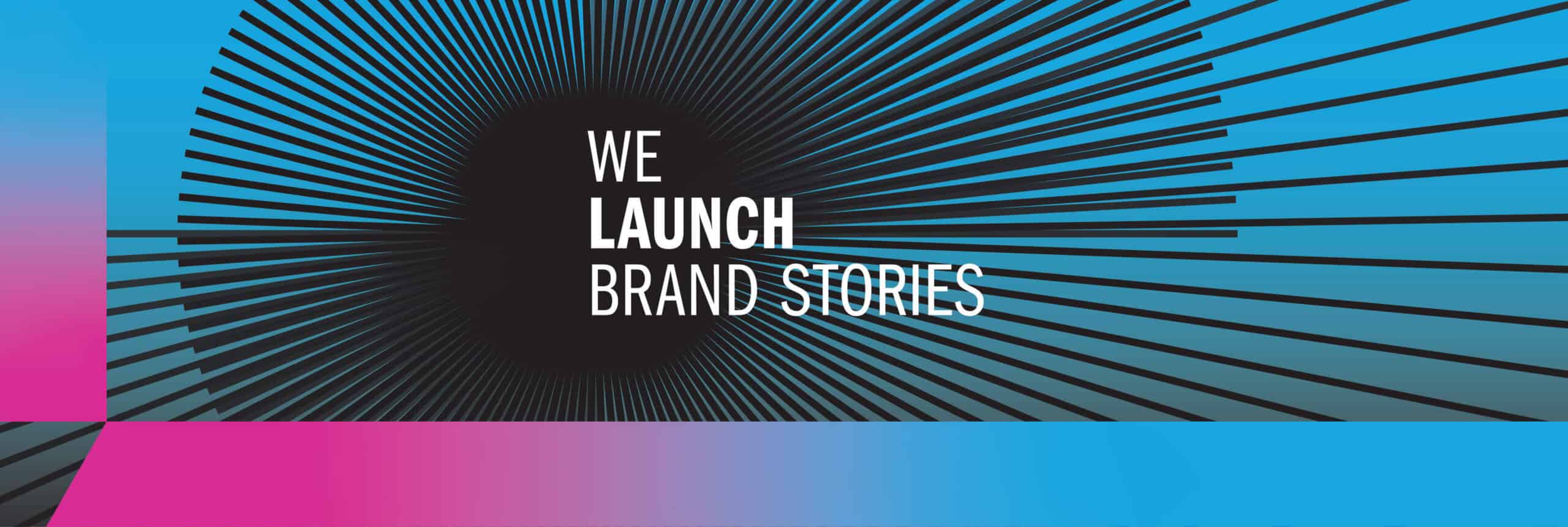 Graphic banner with the text “We Launch Brand Stories” and the COLLiDE logo on a vibrant pink-to-blue gradient background with radiating black lines.