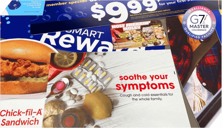 A collage of printed advertisements featuring a Chick-fil-A sandwich, a $9.99 offer, a donut hole promotion, medication for cold symptoms, and G7 Master certification.