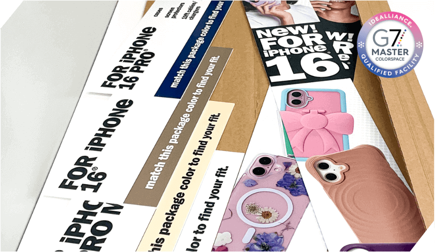 Various printed packaging and product cards for iPhone 16 Pro cases, including floral, bow, and abstract designs, displayed alongside G7 Master certification.