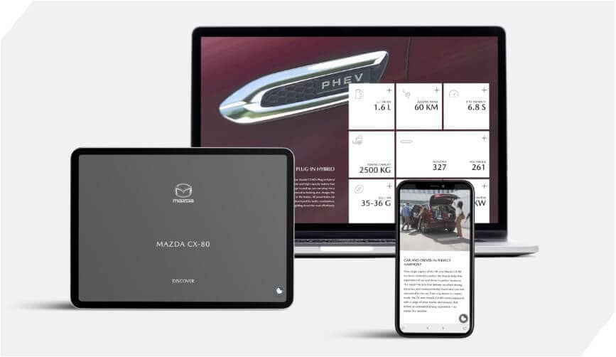 Mazda CX-80 digital brochure displayed on tablet, smartphone, and laptop, showcasing a responsive design and plug-in hybrid specifications.