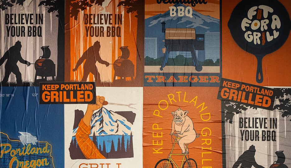 A collage of illustrated posters featuring BBQ slogans like “Believe in Your BBQ” and “Keep Portland Grilled” with imagery of grills, pigs, mountains, and cast-iron skillets.