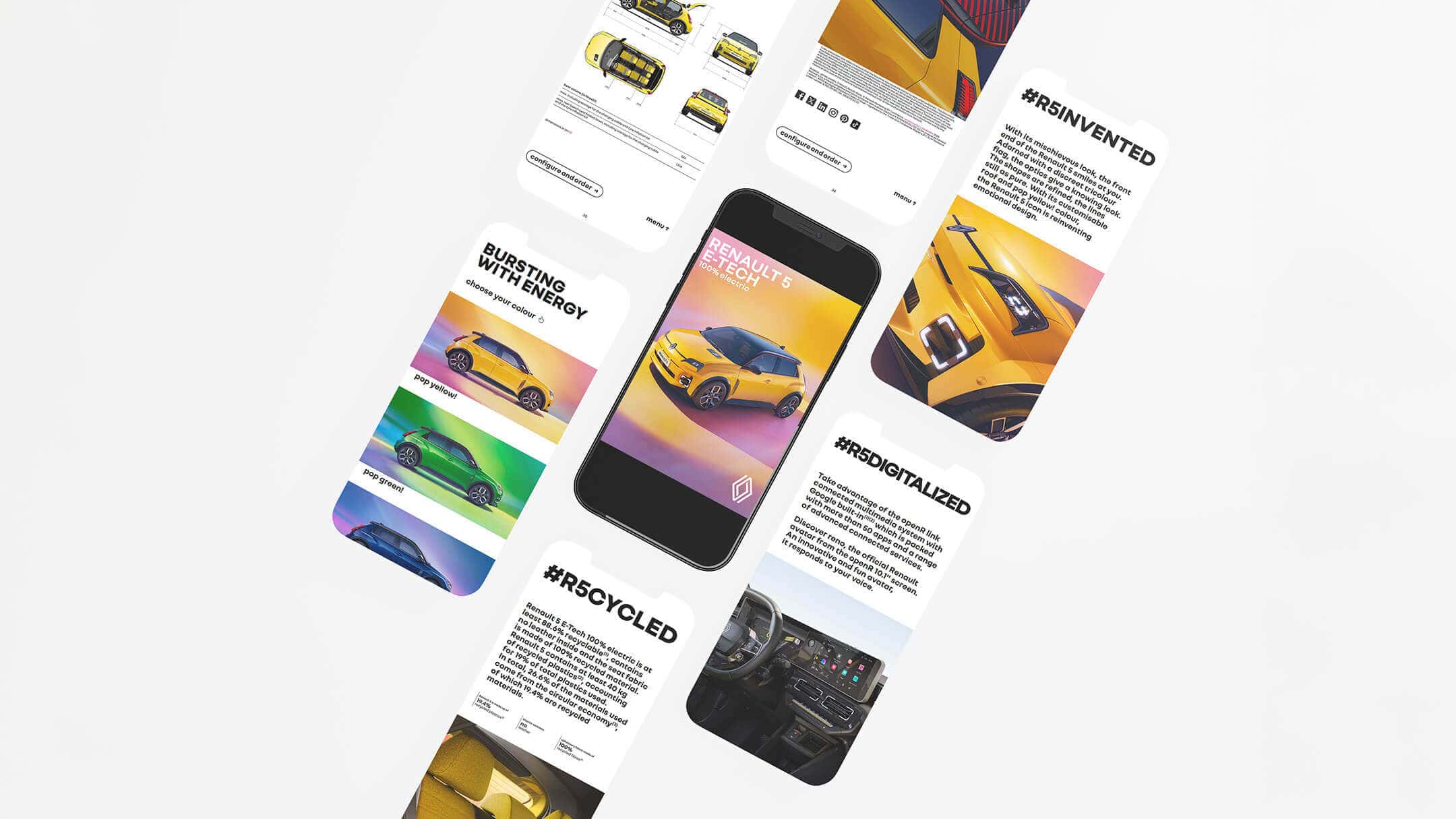 A digital mockup layout of a Renault 5 E-Tech electric car marketing campaign, displayed on multiple mobile phone screens showing colorful visuals and key features.