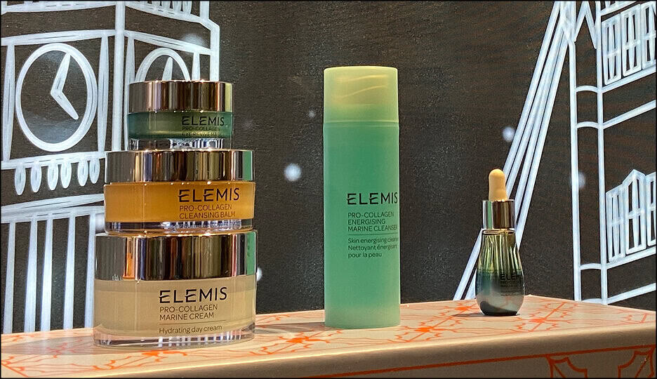 Close-up view of a festive retail display showcasing ELEMIS skincare products.