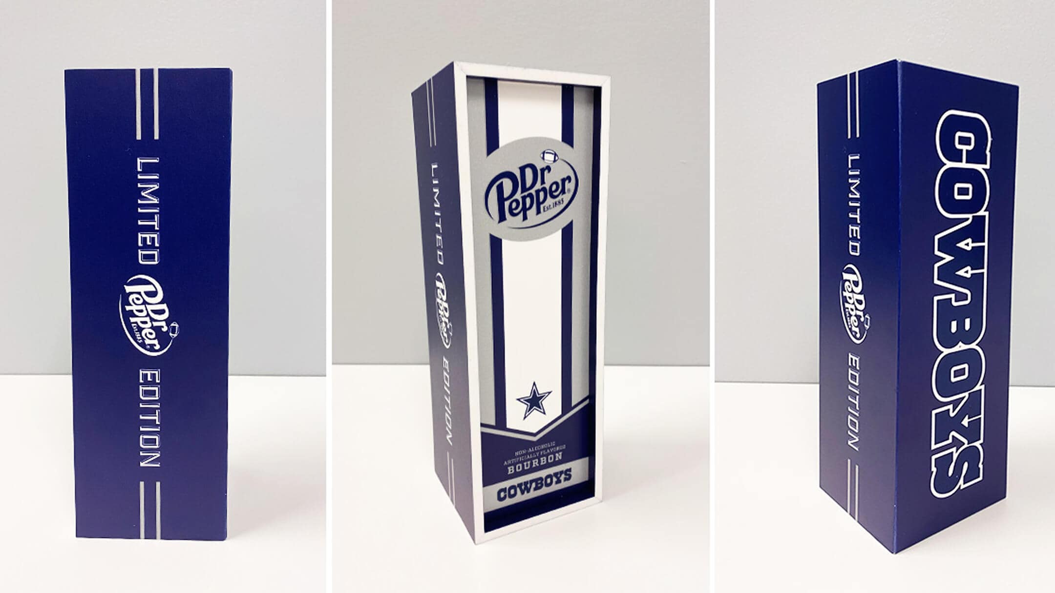 Three-angle view of a limited edition Dr Pepper Cowboys-branded rectangular box in navy and white, featuring football-themed graphics and "bourbon" flavor labeling.