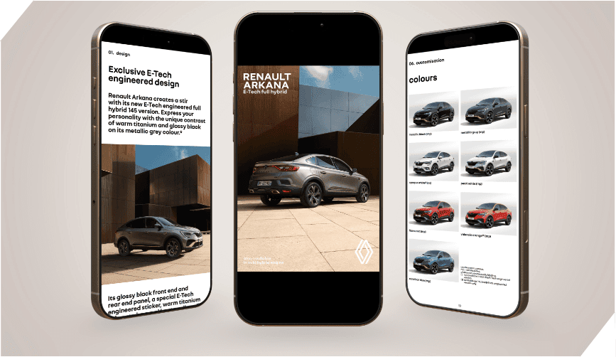 Three smartphones display different views of the Renault Arkana E-Tech full hybrid brochure, showcasing its design, color options, and vehicle image.