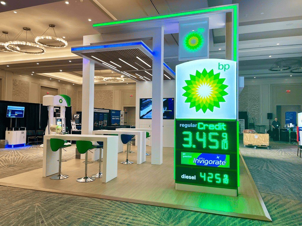 Bp trade show booth with digital fuel price displays and interactive stations at BPAMA 2026.